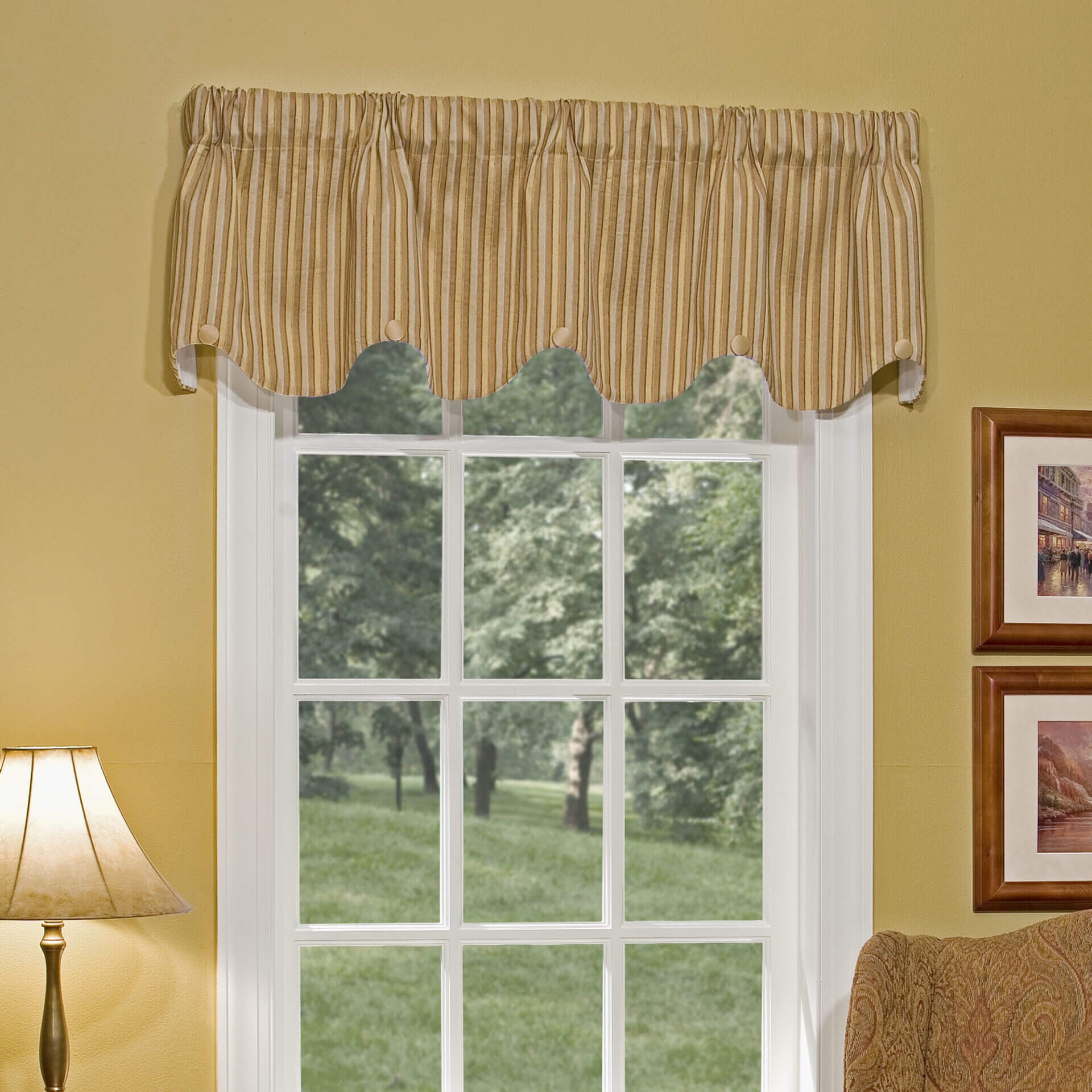 Erin Scalloped Valances Beige Stripe with Tan Buttons B05 Thomasville at Home